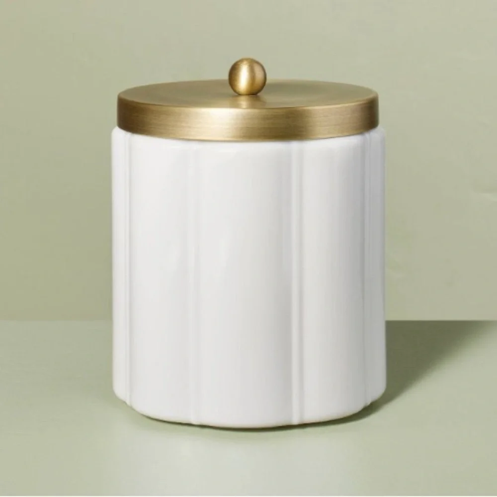 HEARTH & HAND NWT milk glass bath canister -white/gold -large
